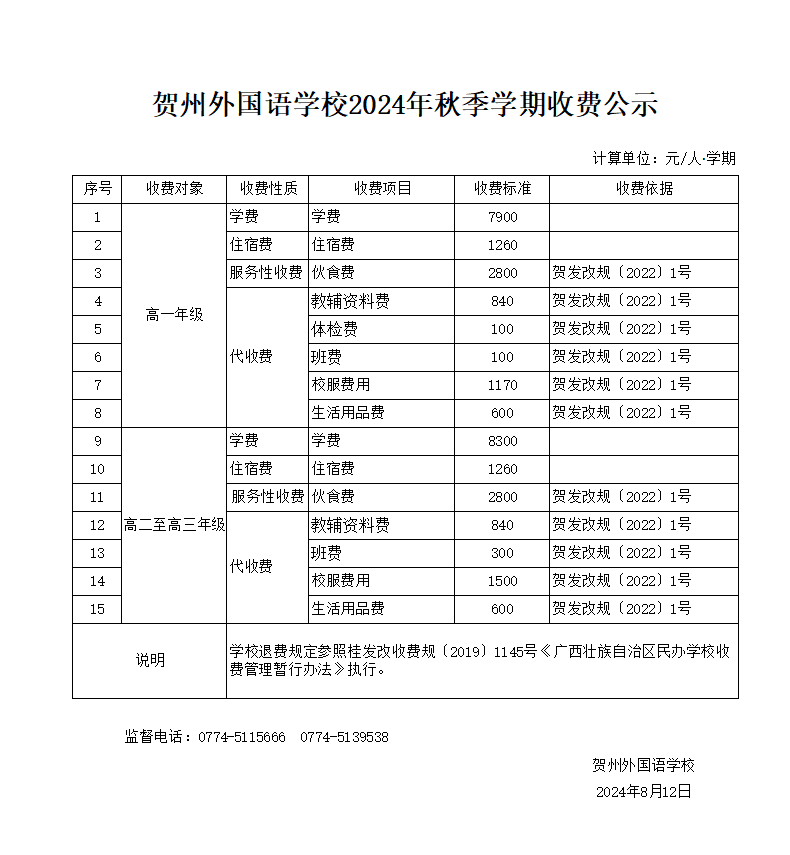 贺州外国语学校2024年秋季学期收费公示